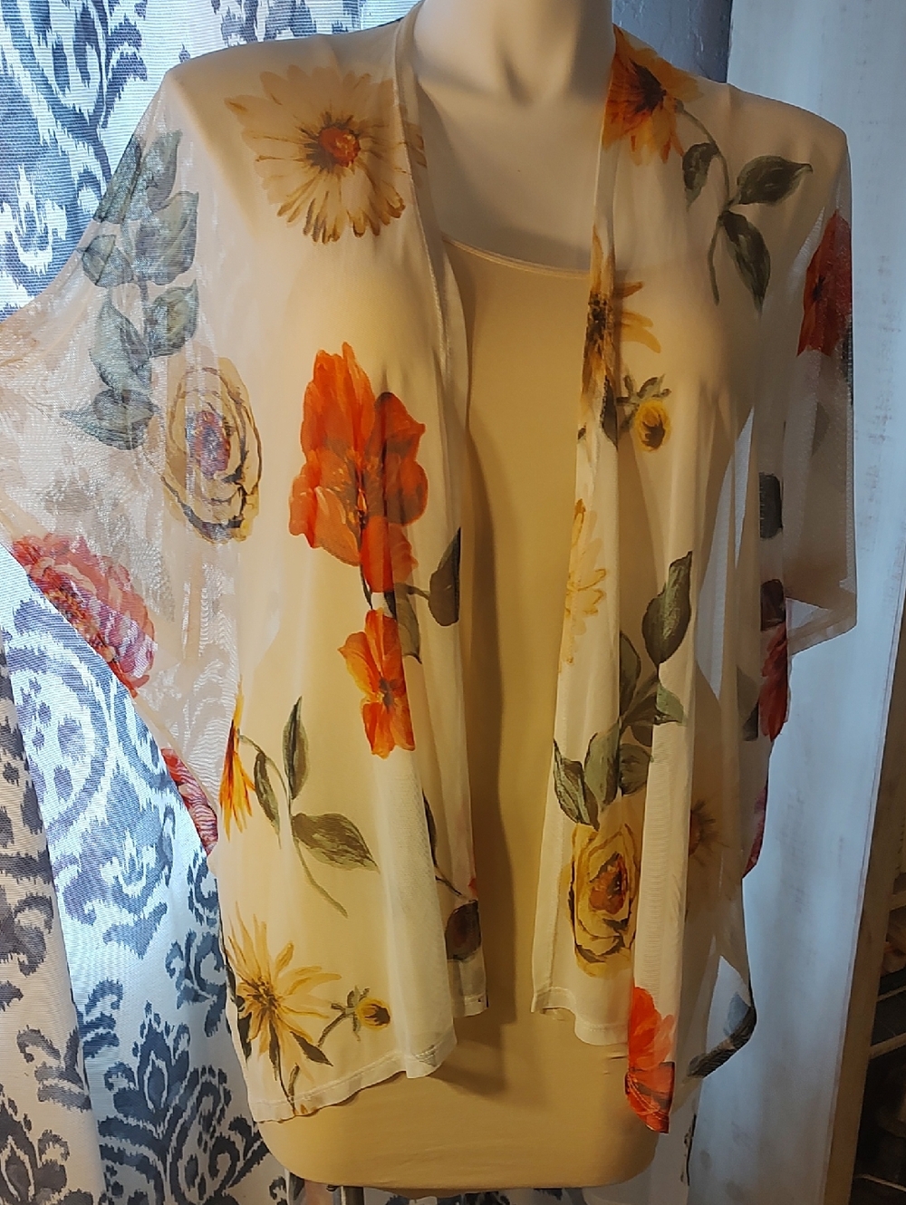 Sheer Floral Kimono Cardigan - Orange & Yellow